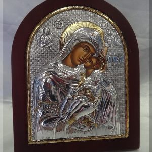 Amazing Virgin Mary Silver with Gold Icon on Mahogany Wood