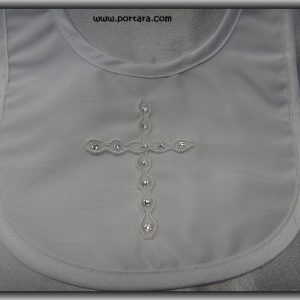 Girls White Satin Cross Baptismal Bib with Swarovski Crystals AB