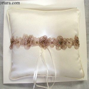 Ivory Champagne Beaded Organza Trim Ring Pillow