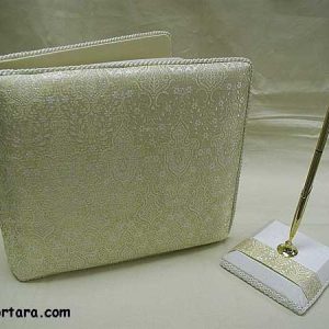 Gold Embroidered Silk Brocade Guest Book and Pen Set