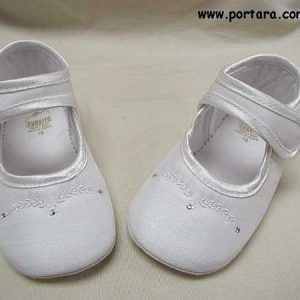 Pearl White Silky Fashion Baby Girl Christening Shoes with Swarovski Crystals