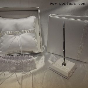 A White Pearl Beauty Guest Book, Pen, Pillow and Garter Set