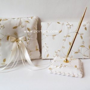 A Magnificent Ivory Silk and Gold Beauty Guest Book, Pen and a Pillow