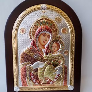 Colorful Virgin Mary Silver with Gold Icon on a Mahogany Wood
