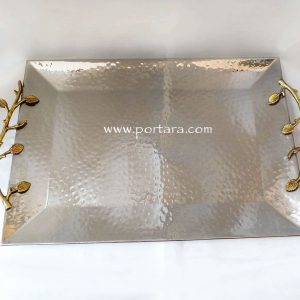 Rectangular Hammered Stainless Steel Wedding Tray with Artistic Golden Handles