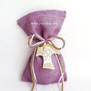 Handmade Cross with Golden Accents on a Burlap Bag Christening Baptism Favors